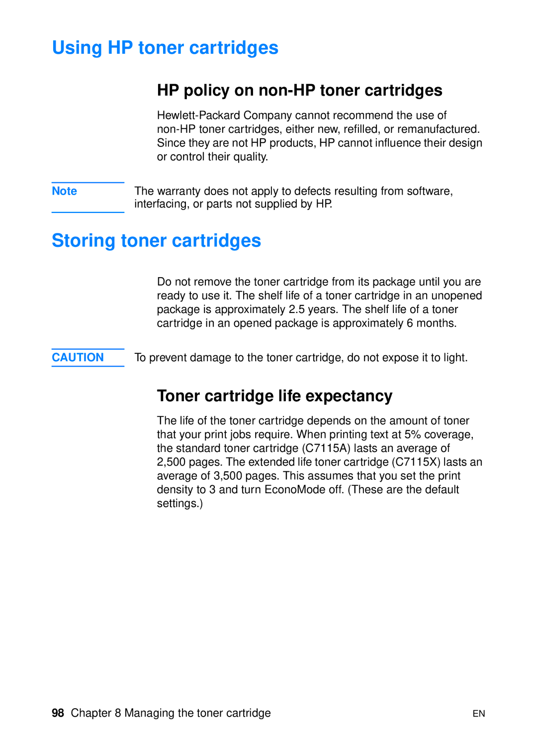 HP 1200 manual Using HP toner cartridges, Storing toner cartridges, HP policy on non-HP toner cartridges 