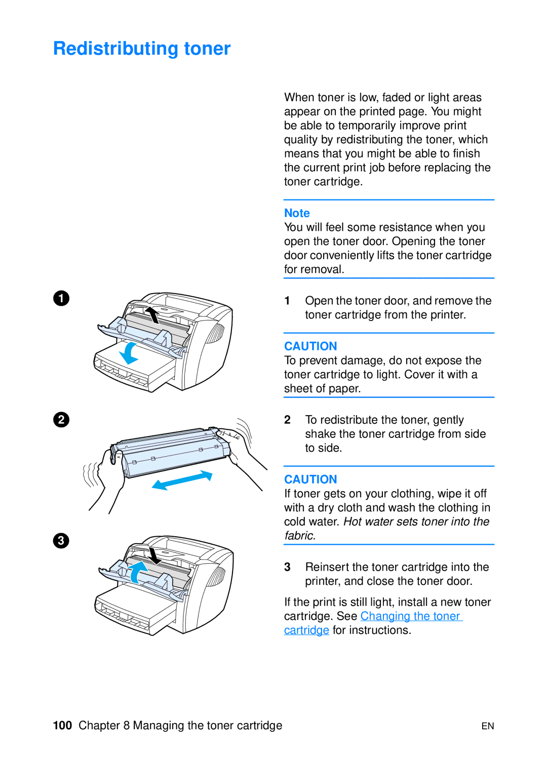 HP 1200 manual Redistributing toner 