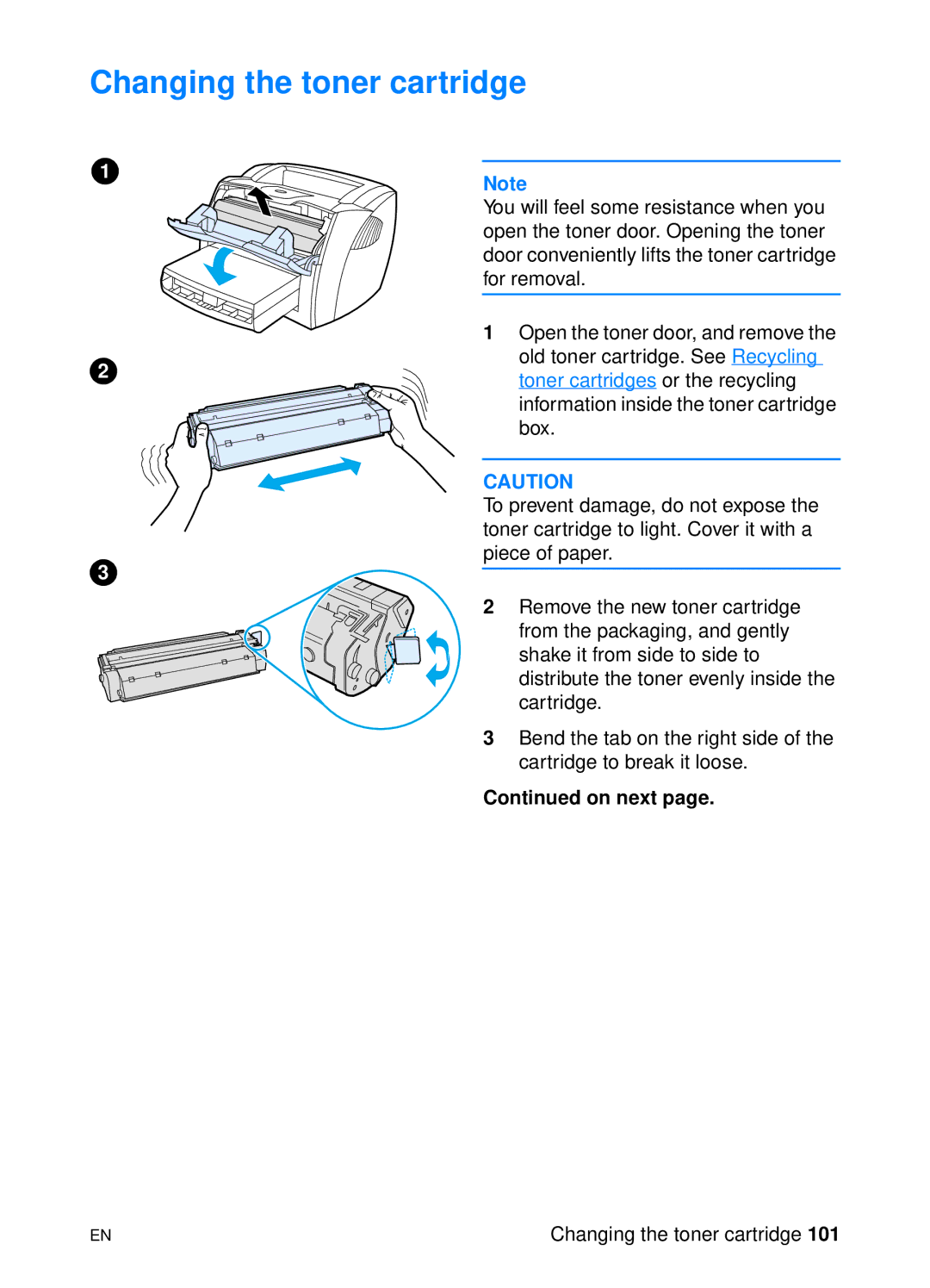 HP 1200 manual Changing the toner cartridge, On next 