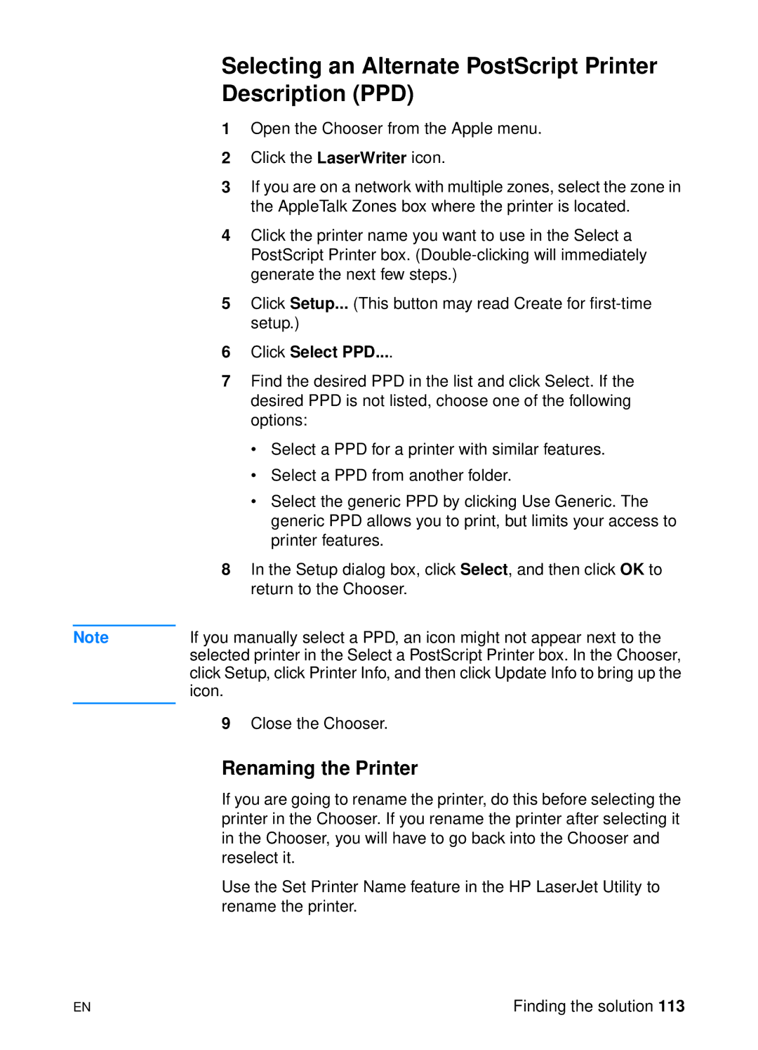 HP 1200 manual Selecting an Alternate PostScript Printer Description PPD, Renaming the Printer, Click Select PPD 