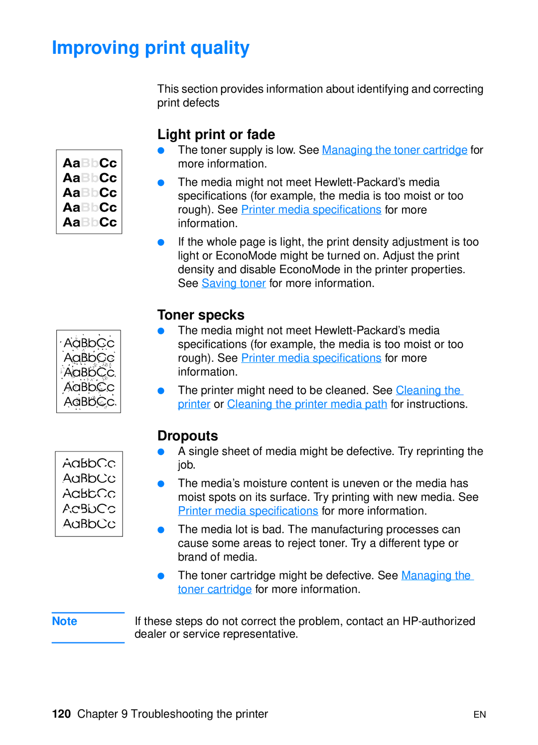 HP 1200 manual Improving print quality, Light print or fade, Toner specks, Dropouts 