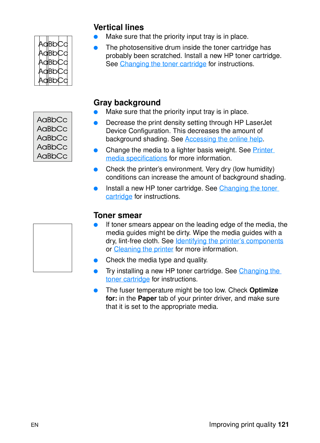 HP 1200 manual Vertical lines, Gray background, Toner smear 