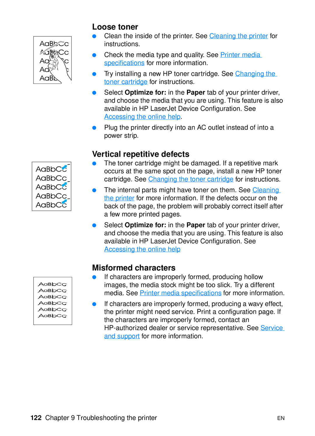 HP 1200 manual Loose toner, Vertical repetitive defects, Misformed characters 
