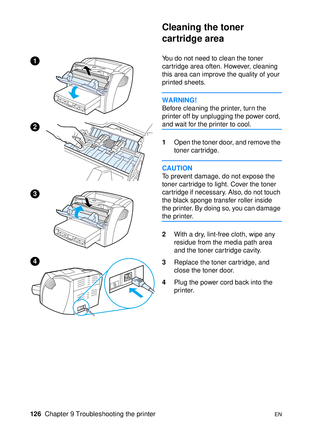 HP 1200 manual Cleaning the toner cartridge area 