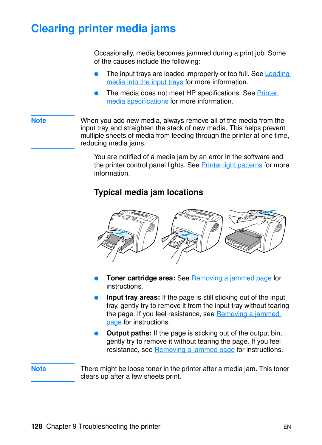 HP 1200 manual Clearing printer media jams, Typical media jam locations 