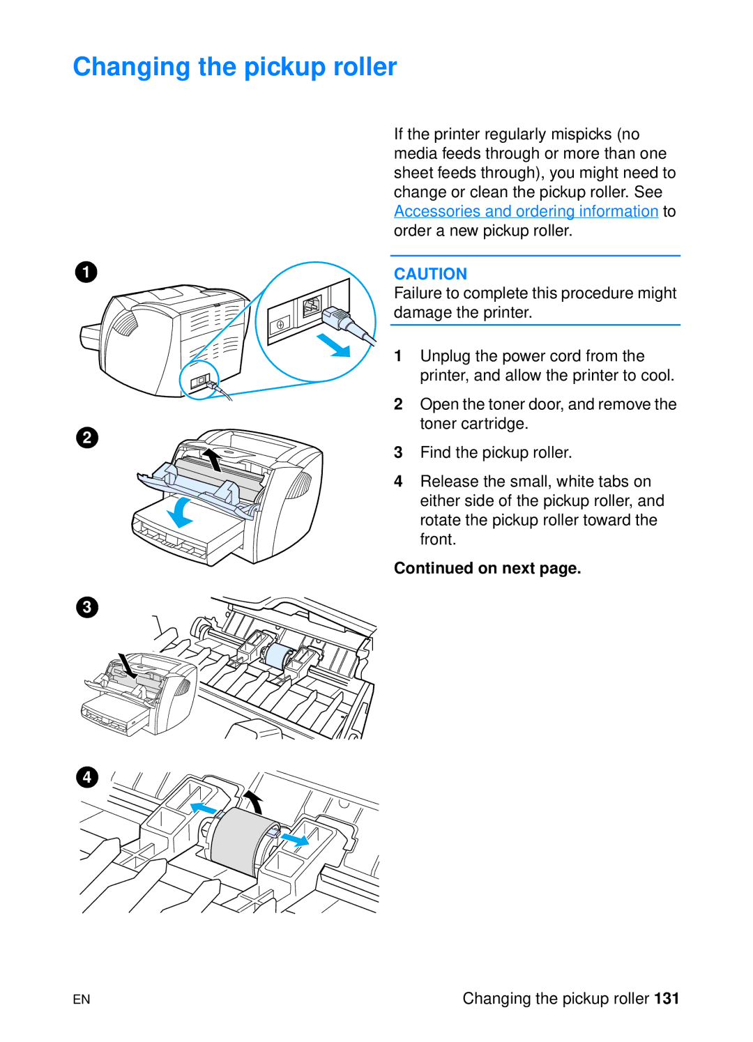 HP 1200 manual Changing the pickup roller 