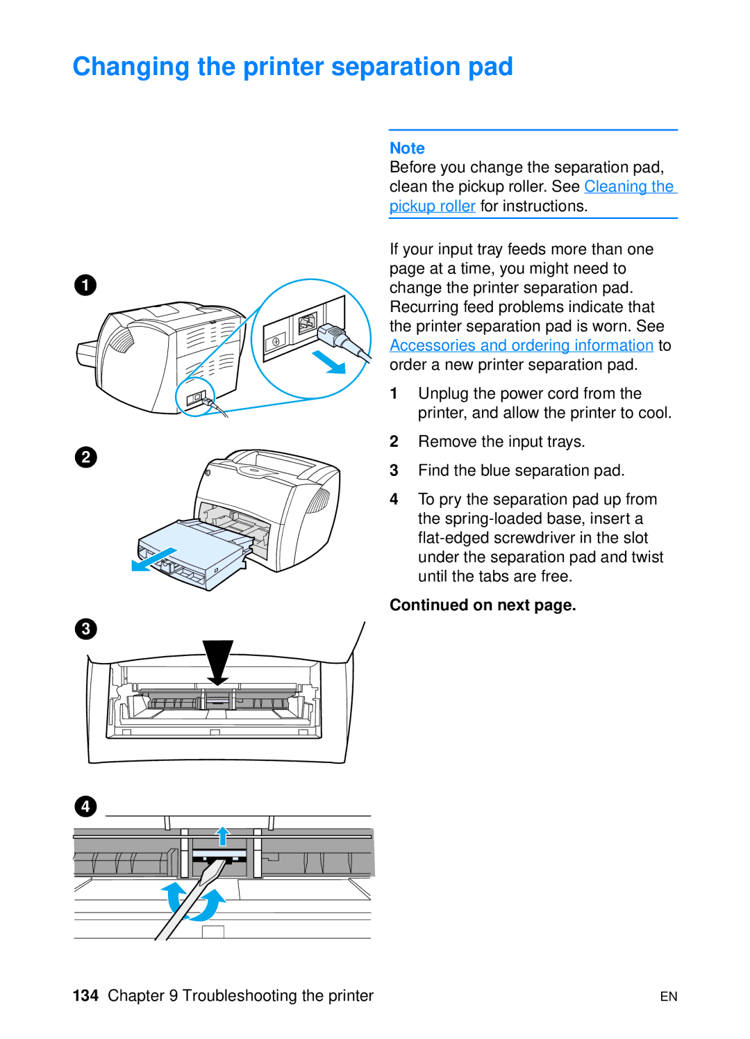 HP 1200 manual Changing the printer separation pad, On next 