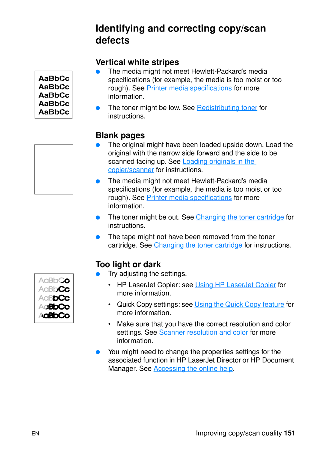 HP 1200 manual Identifying and correcting copy/scan defects, Vertical white stripes, Blank pages, Too light or dark 