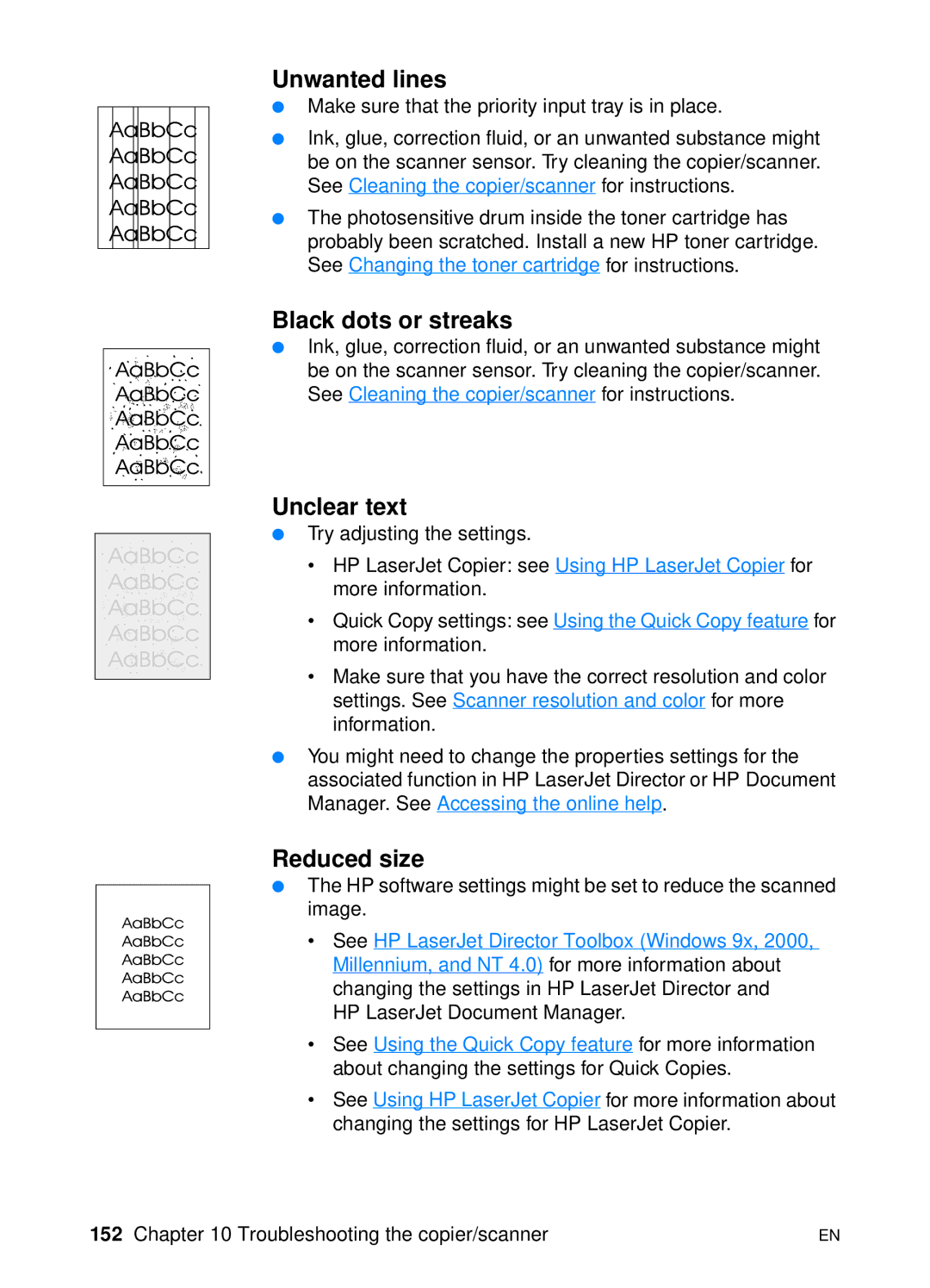 HP 1200 manual Unwanted lines, Black dots or streaks, Unclear text, Reduced size 