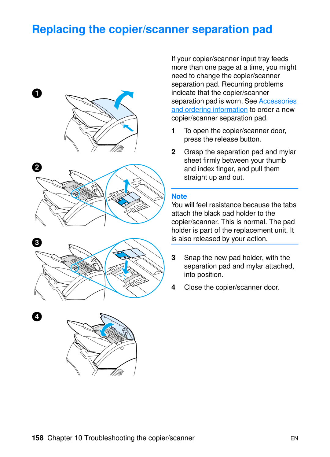 HP 1200 manual Replacing the copier/scanner separation pad 