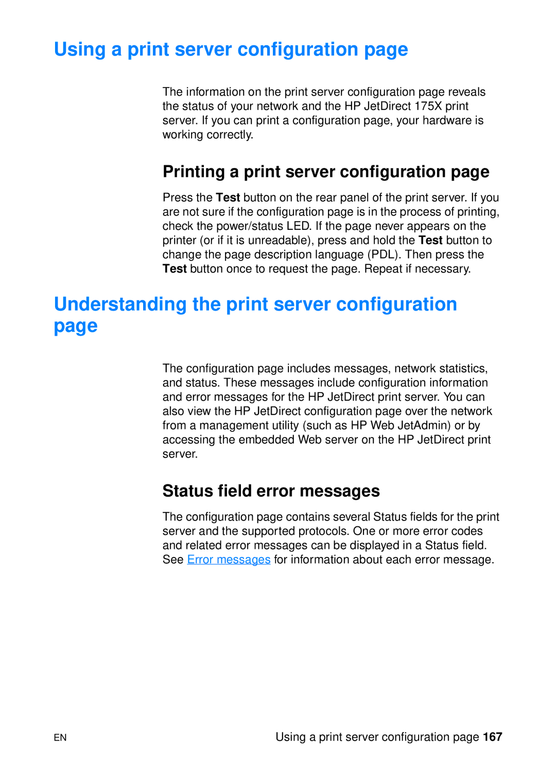 HP 1200 Using a print server configuration, Understanding the print server configuration, Status field error messages 