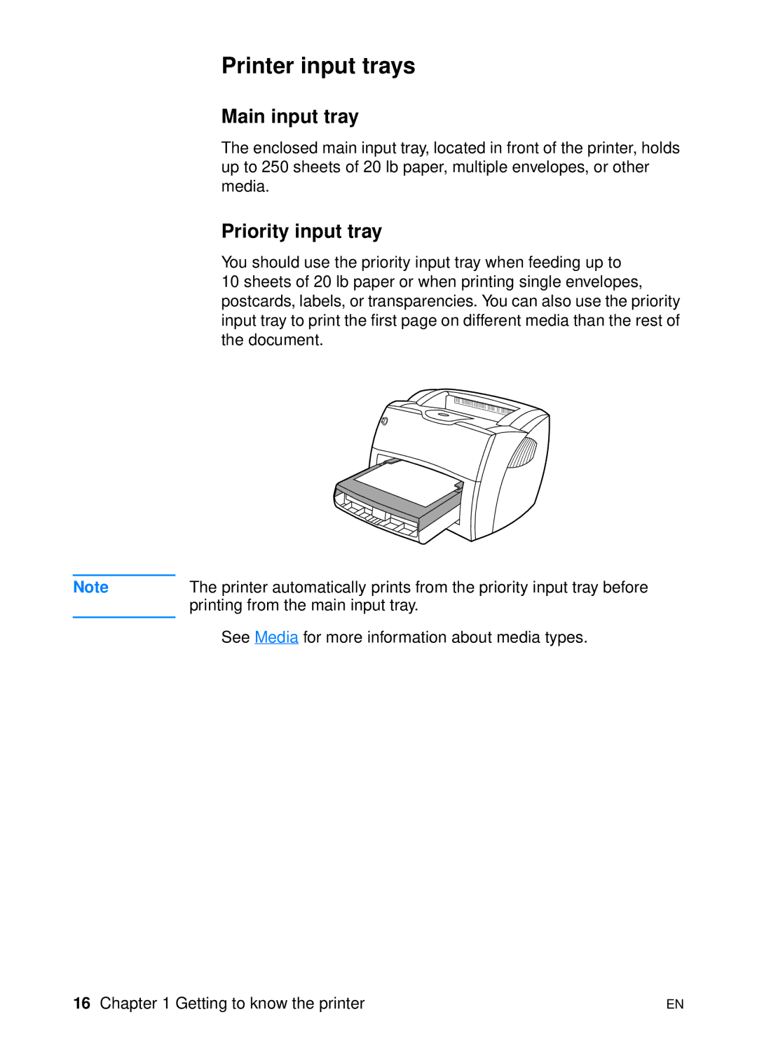 HP 1200 manual Printer input trays, Main input tray, Priority input tray 