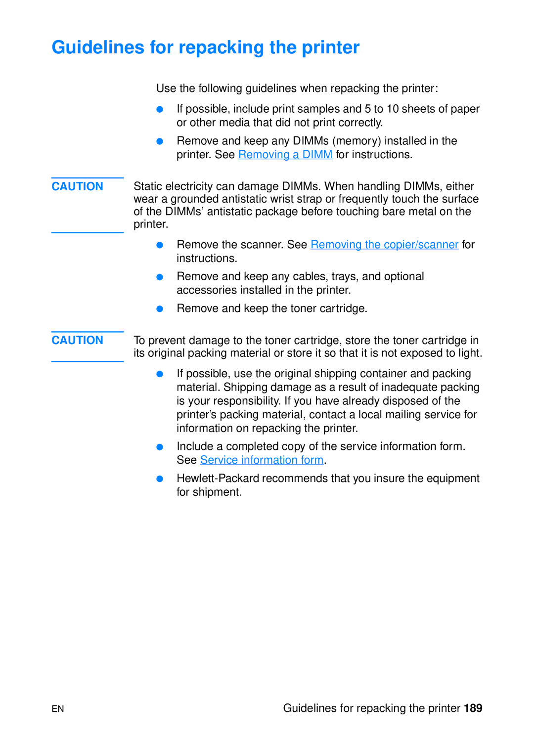 HP 1200 manual Guidelines for repacking the printer 