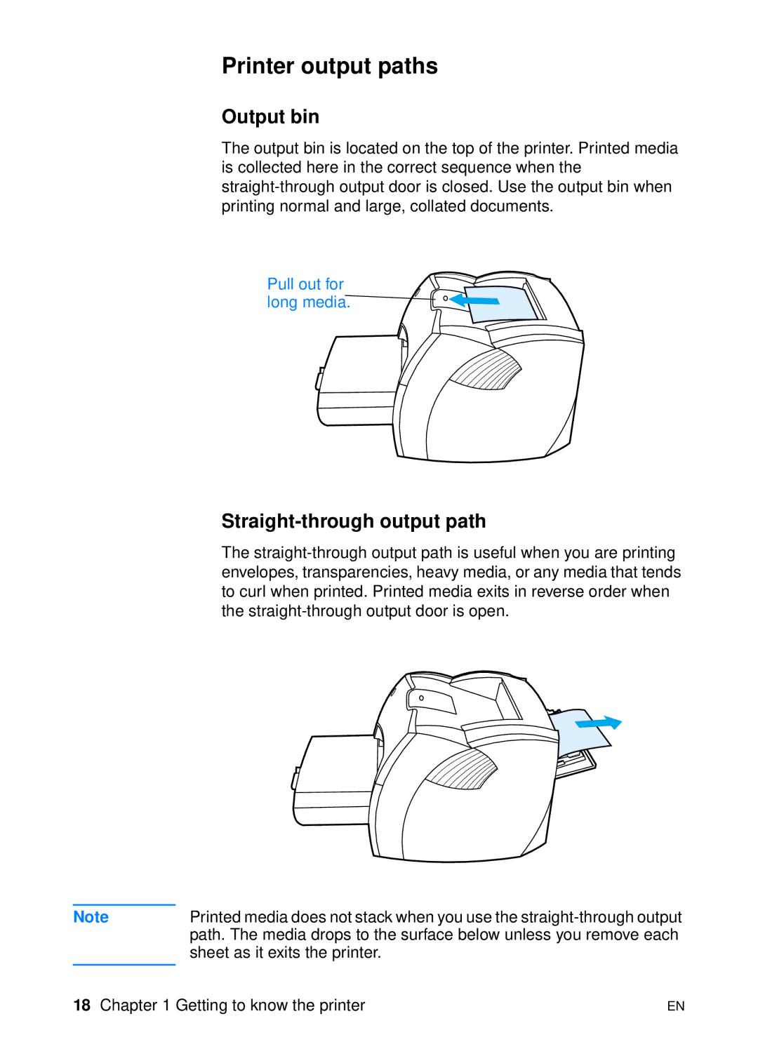 HP 1200 manual Printer output paths, Output bin, Straight-through output path 