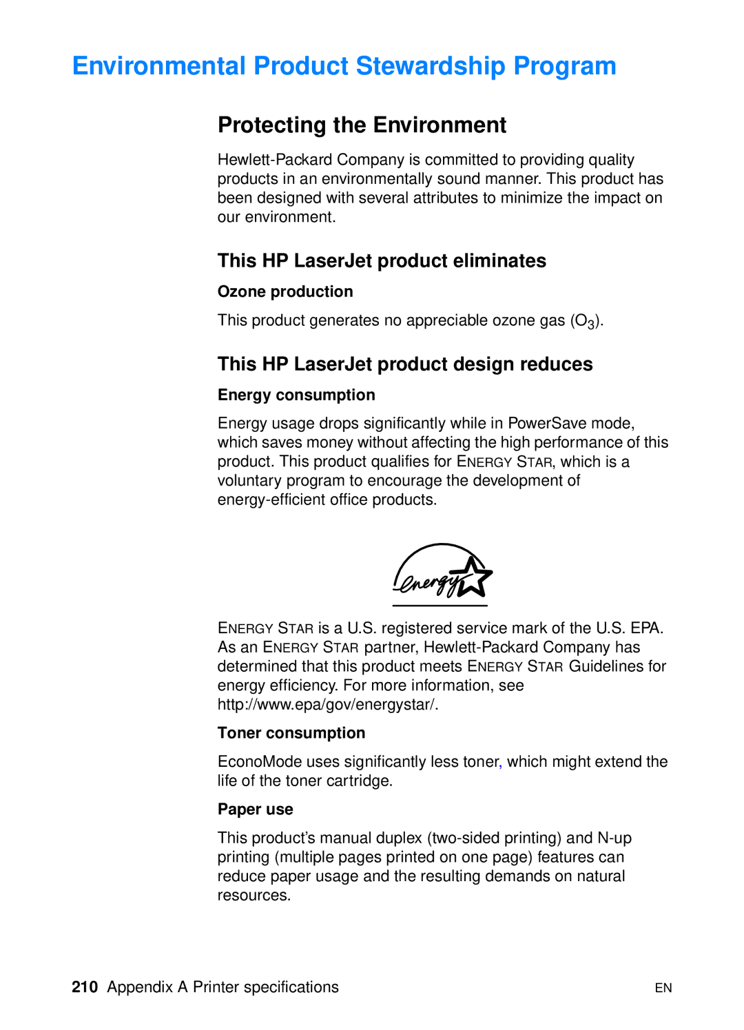 HP 1200 manual Environmental Product Stewardship Program, Protecting the Environment, This HP LaserJet product eliminates 