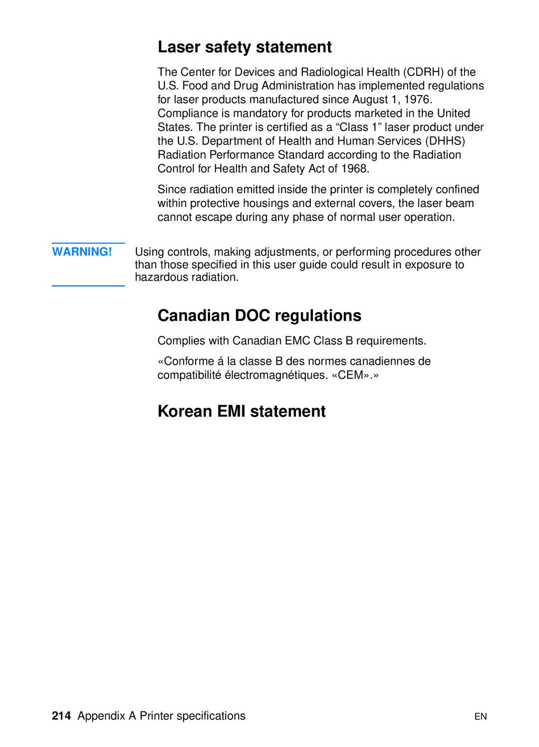 HP 1200 manual Laser safety statement, Canadian DOC regulations, Korean EMI statement 