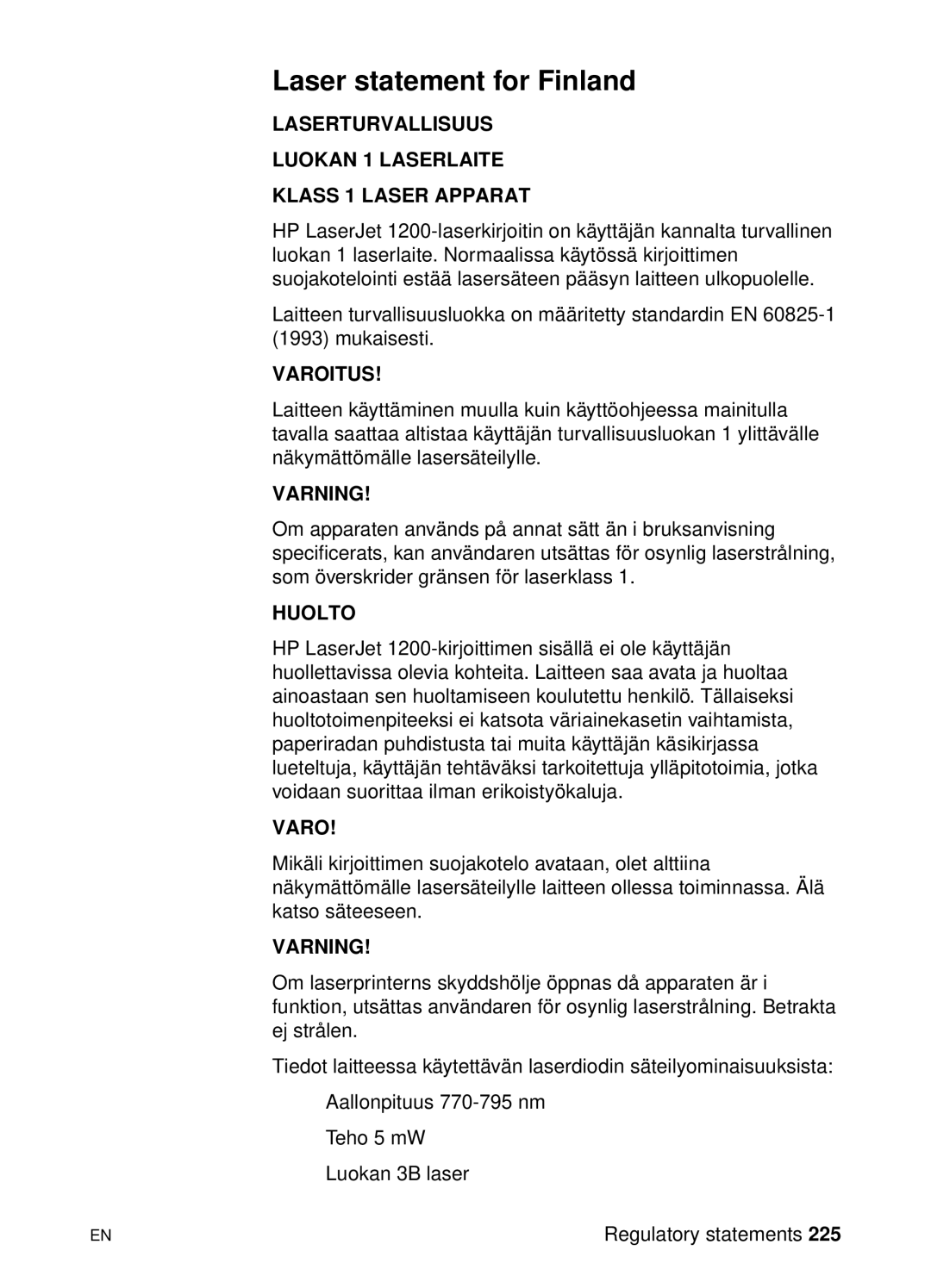 HP 1200 manual Laser statement for Finland 