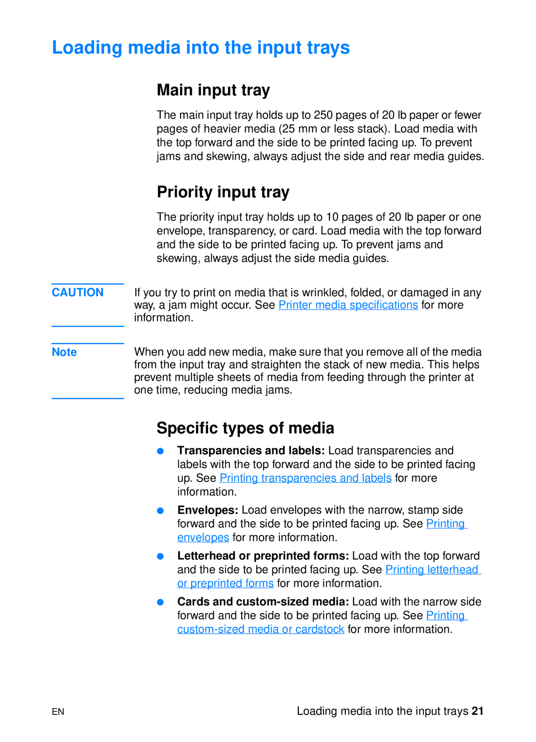 HP 1200 manual Loading media into the input trays, Main input tray, Priority input tray, Specific types of media 