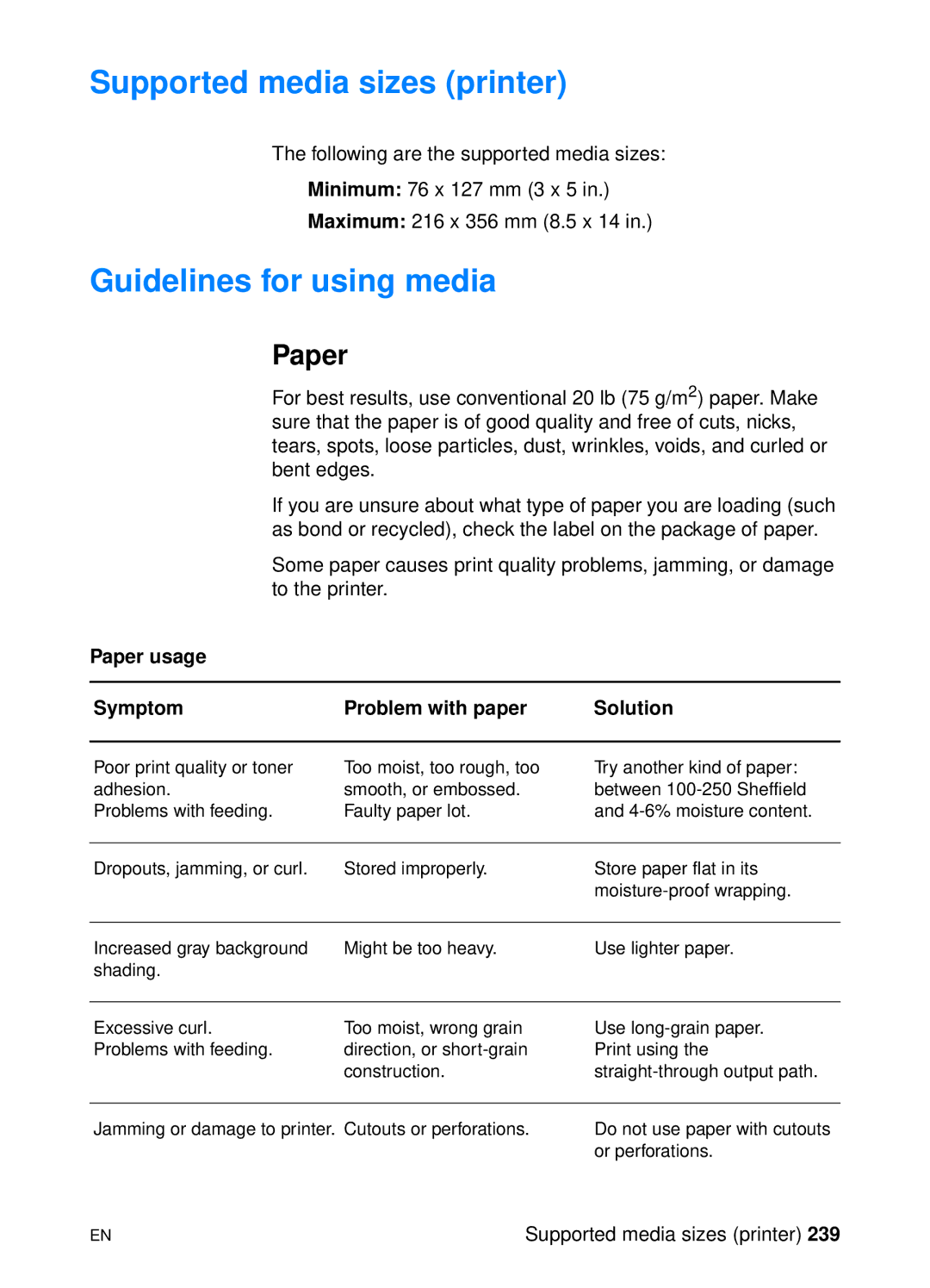 HP 1200 Supported media sizes printer, Guidelines for using media, Paper usage Symptom Problem with paper Solution 