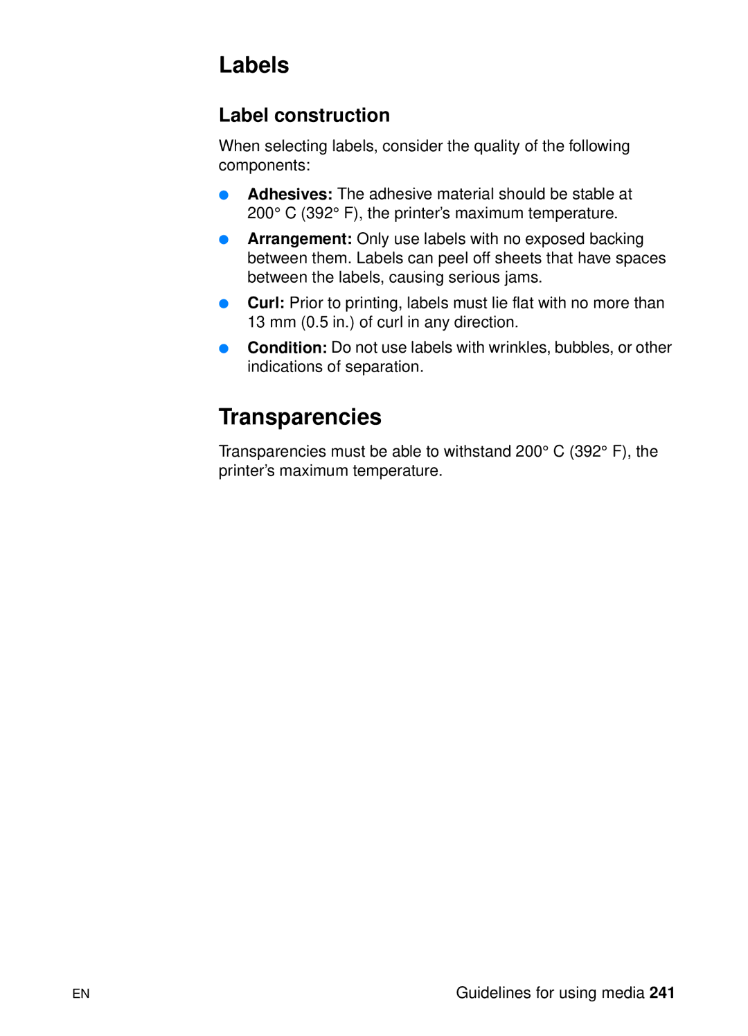 HP 1200 manual Labels, Transparencies, Label construction 