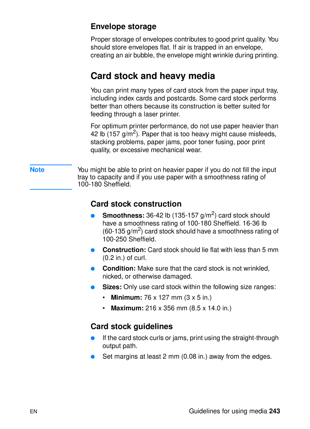 HP 1200 manual Card stock and heavy media, Envelope storage, Card stock construction, Card stock guidelines 