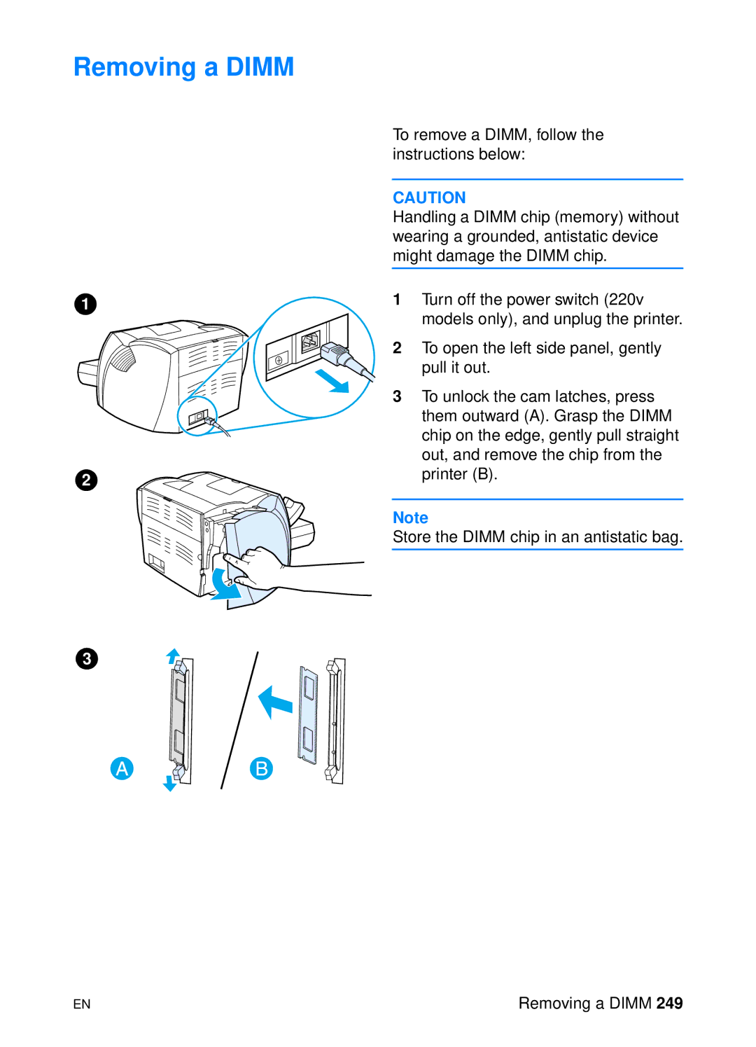 HP 1200 manual Removing a Dimm 