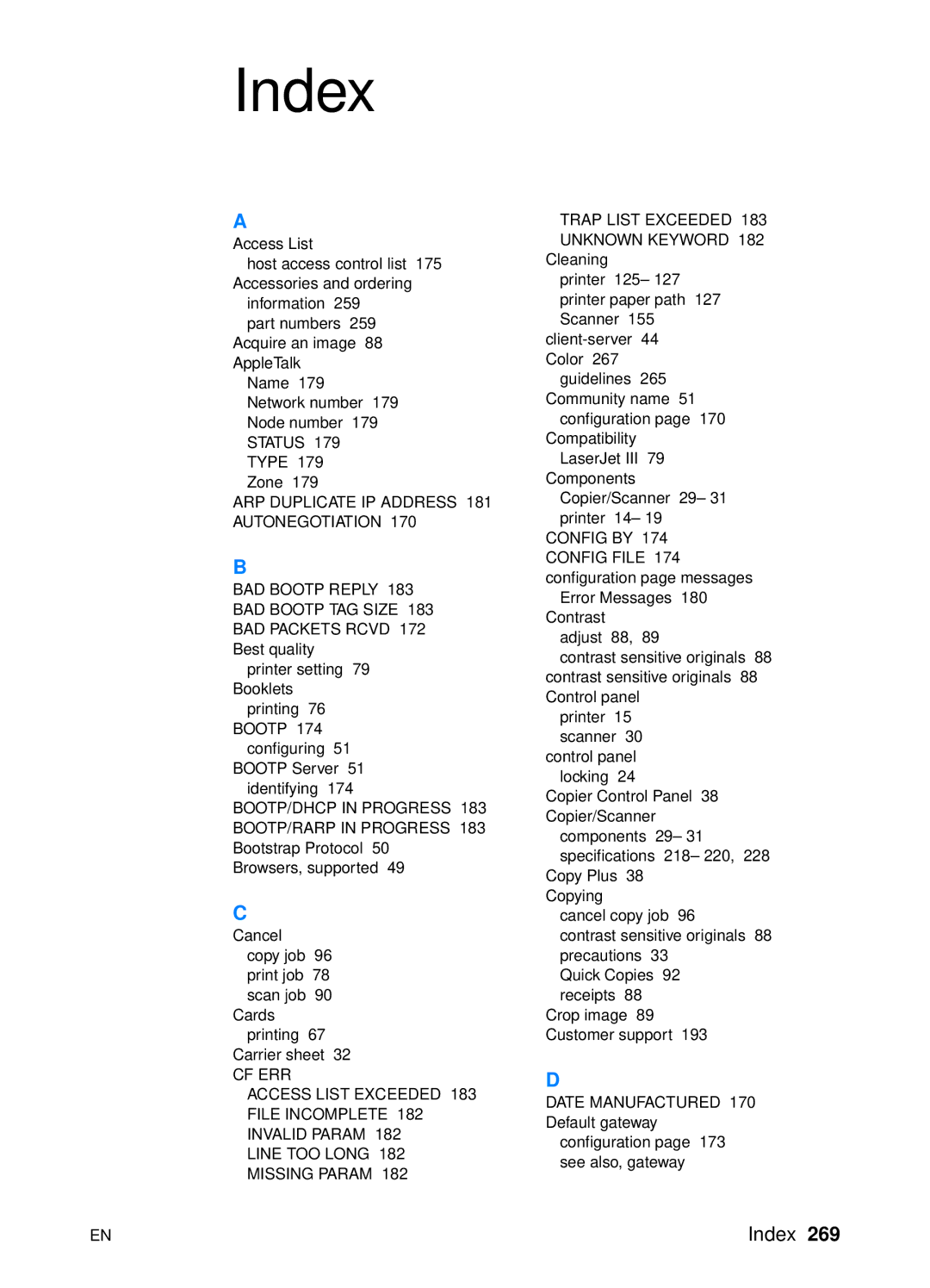 HP 1200 manual Index, ARP Duplicate IP Address 181 Autonegotiation 