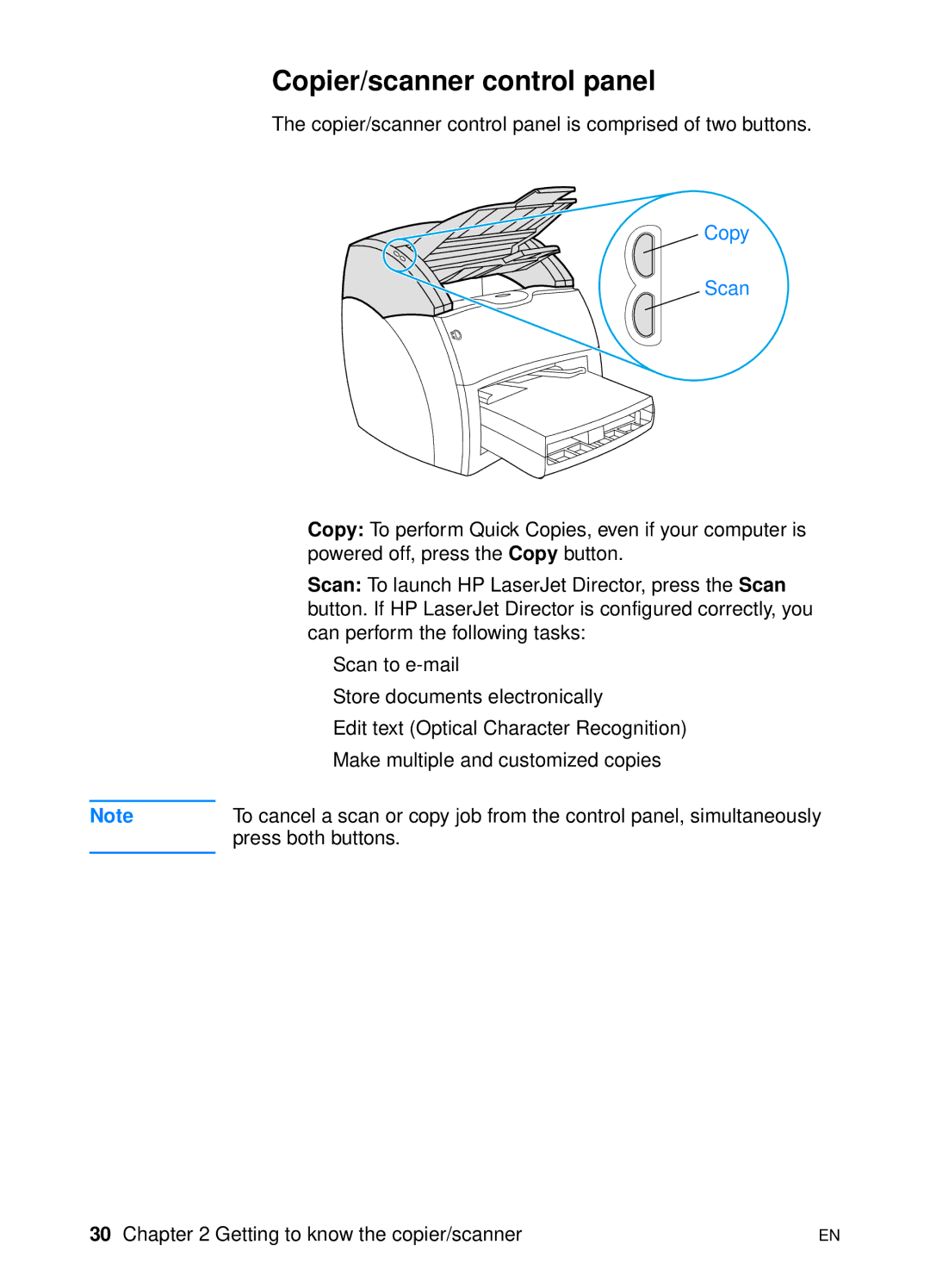 HP 1200 manual Copier/scanner control panel, Copy Scan 