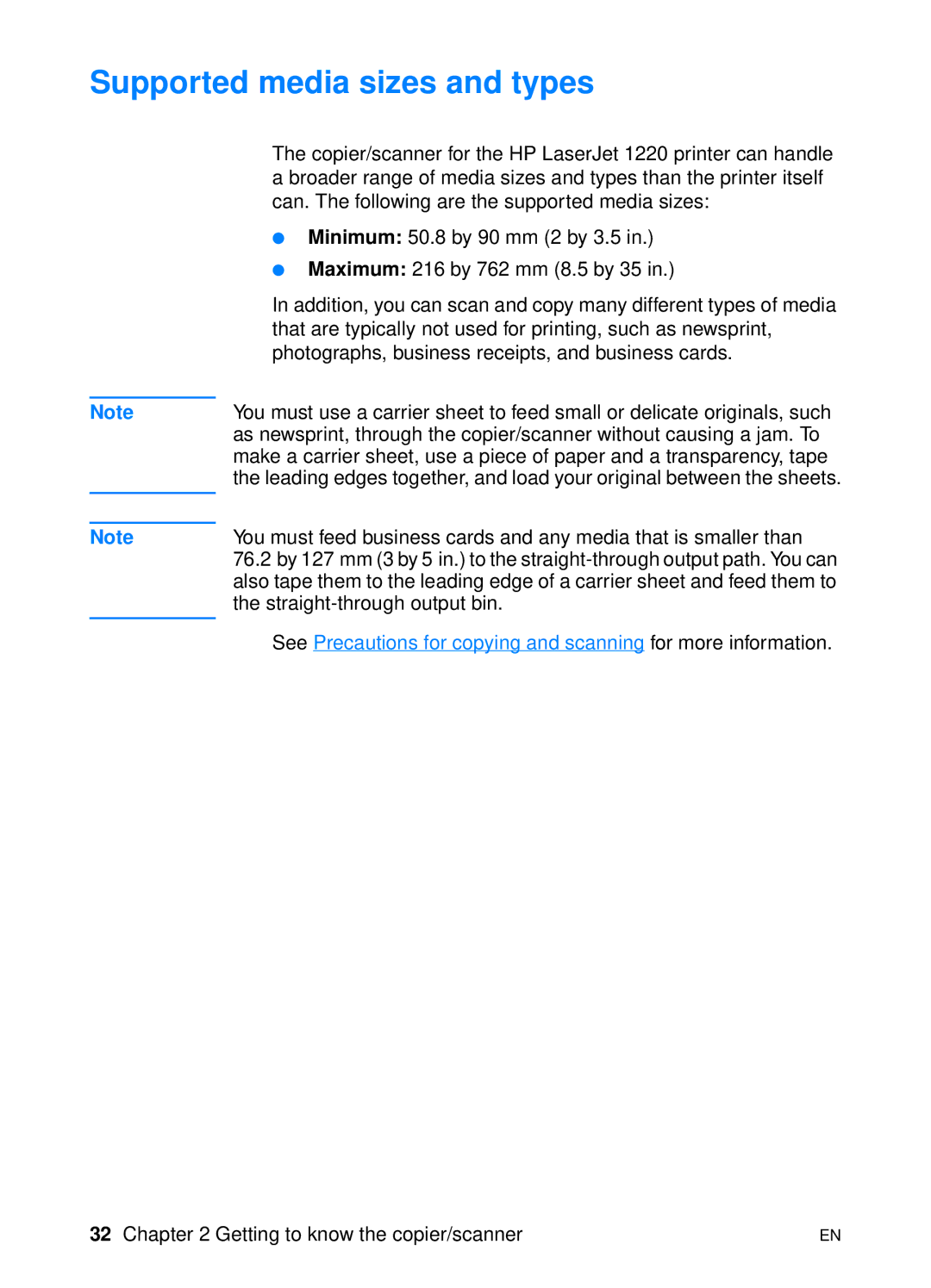 HP 1200 manual Supported media sizes and types 