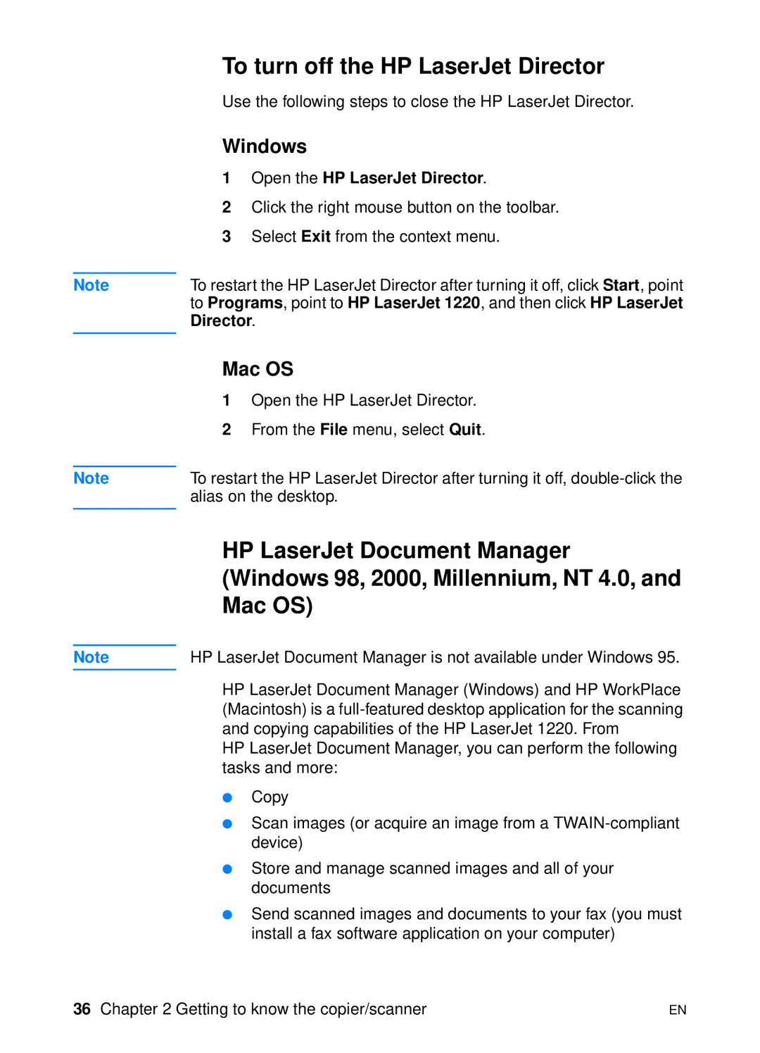 HP 1200 manual To turn off the HP LaserJet Director, Windows, Mac OS, Open the HP LaserJet Director 