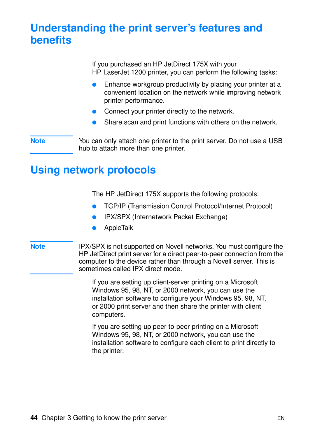 HP 1200 manual Understanding the print server’s features and benefits, Using network protocols 