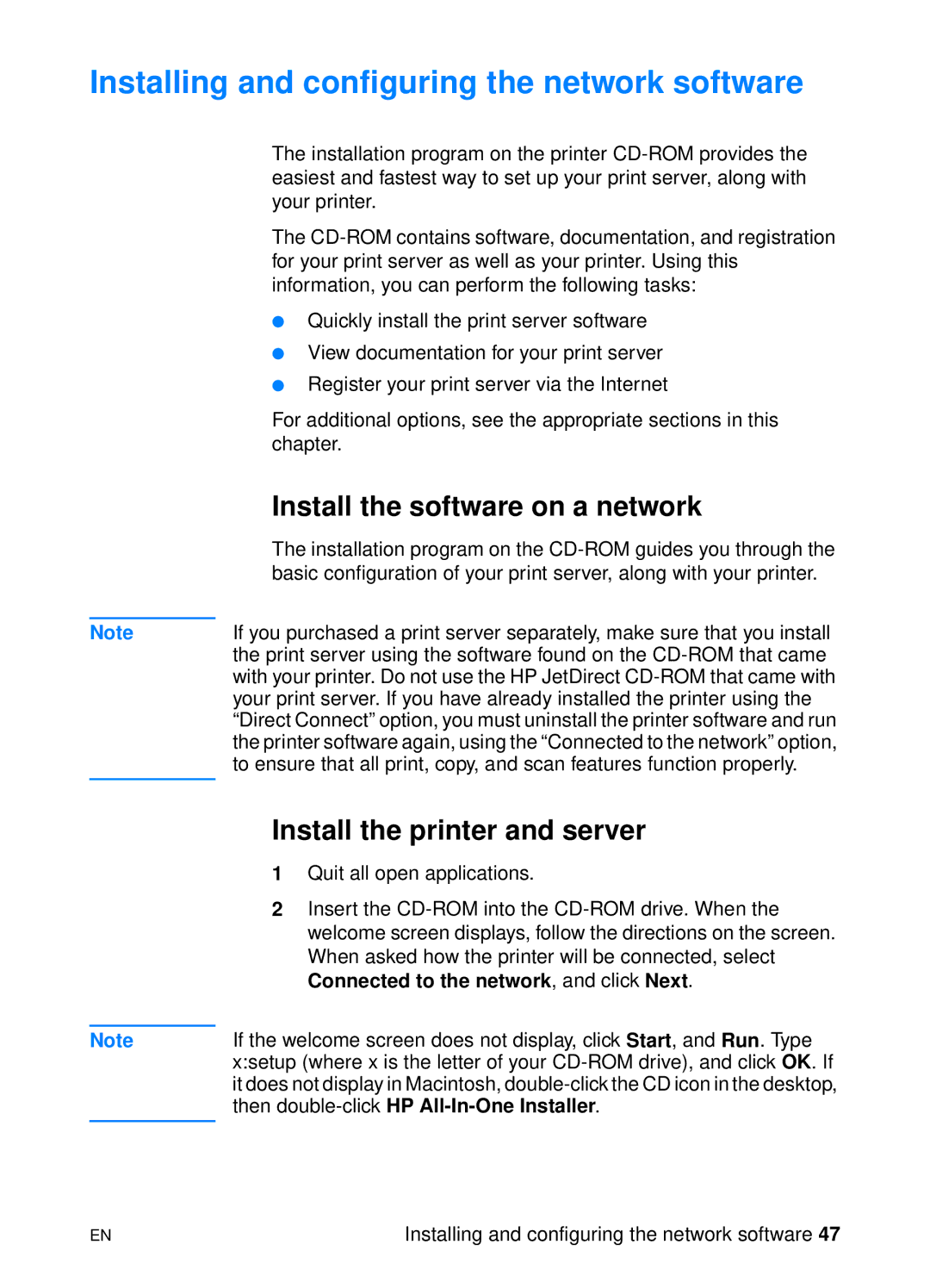 HP 1200 Installing and configuring the network software, Install the software on a network, Install the printer and server 