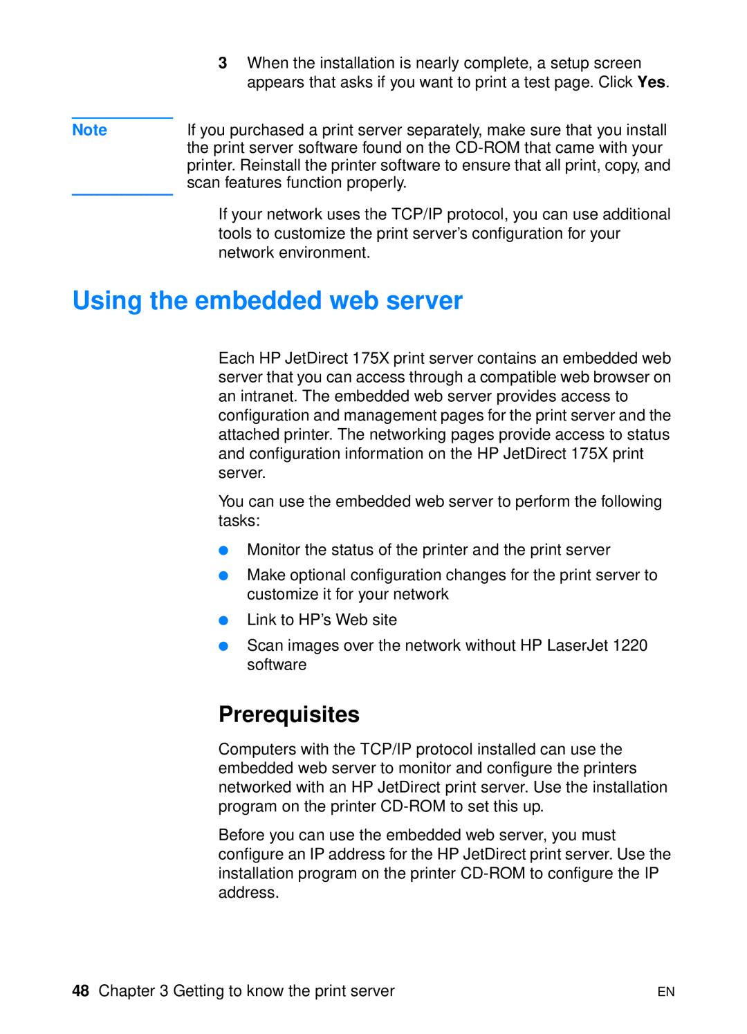 HP 1200 manual Using the embedded web server, Prerequisites 