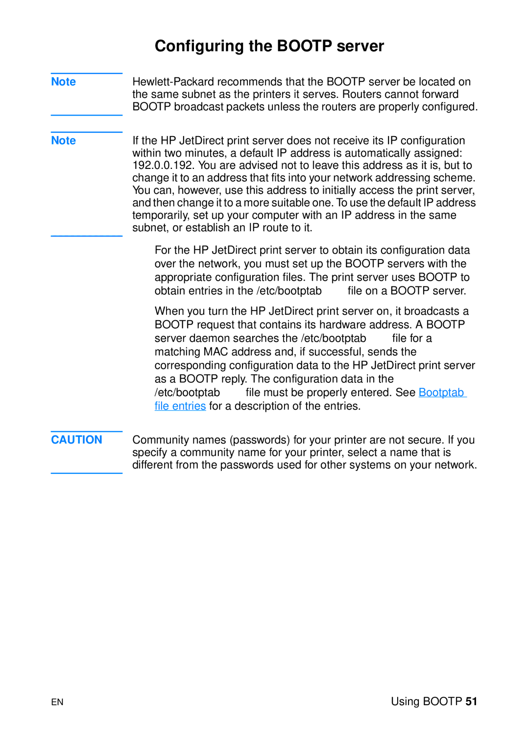 HP 1200 manual Configuring the Bootp server 