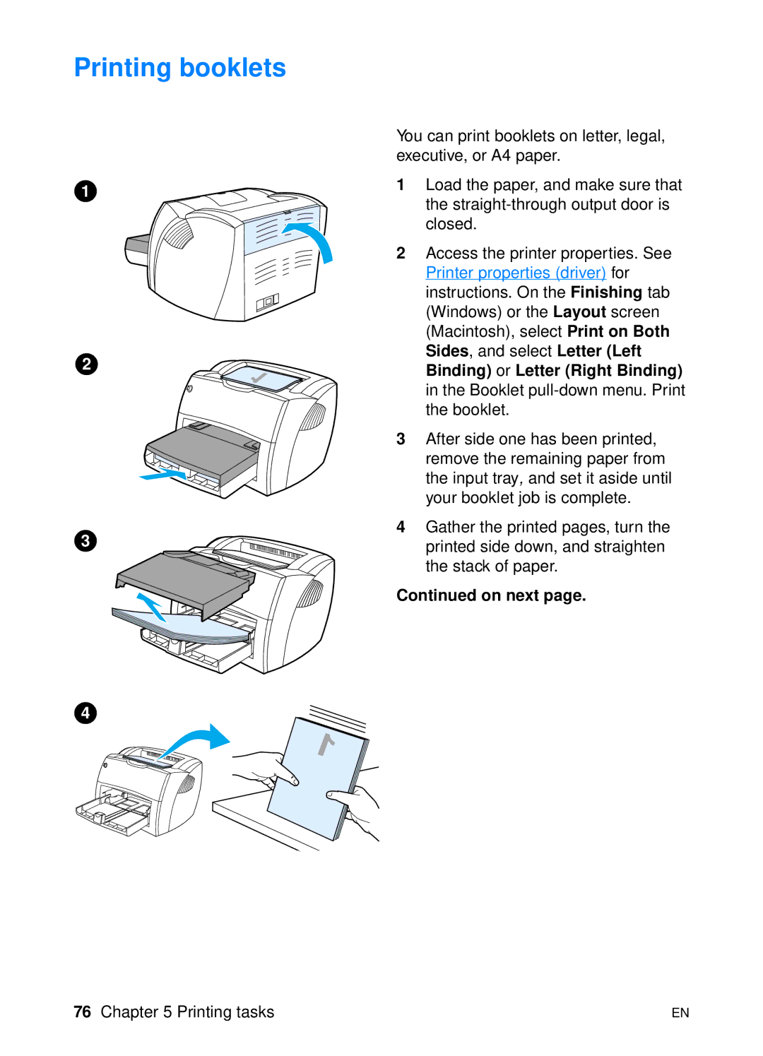 HP 1200 manual Printing booklets, On next 