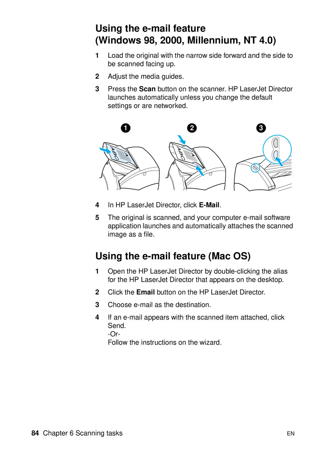 HP 1200 manual Using the e-mail feature Windows 98, 2000, Millennium, NT, Using the e-mail feature Mac OS 