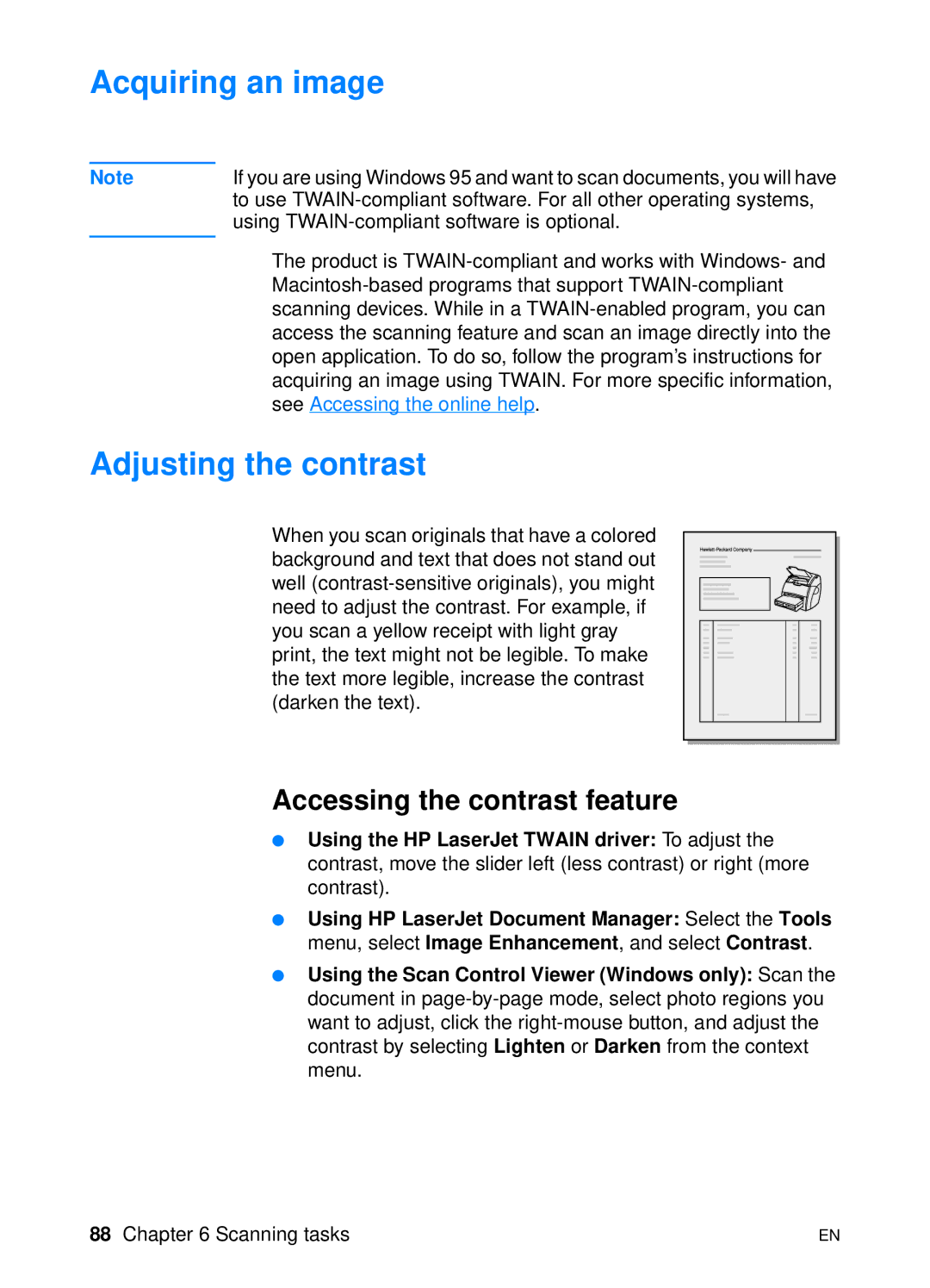 HP 1200 manual Acquiring an image, Adjusting the contrast, Accessing the contrast feature 