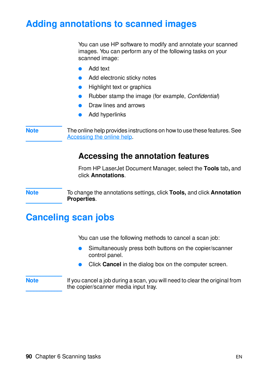 HP 1200 manual Adding annotations to scanned images, Canceling scan jobs, Accessing the annotation features, Properties 