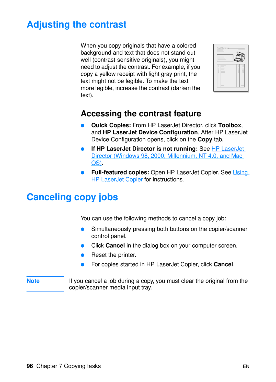 HP 1200 manual Adjusting the contrast, Canceling copy jobs 