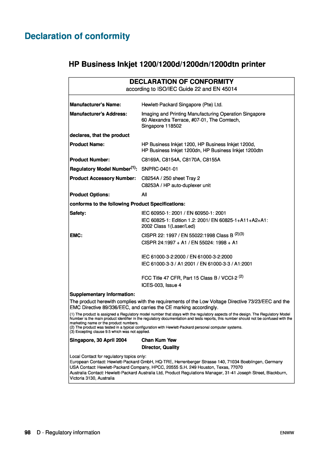 HP manual Declaration of conformity, HP Business Inkjet 1200/1200d/1200dn/1200dtn printer, Declaration Of Conformity 