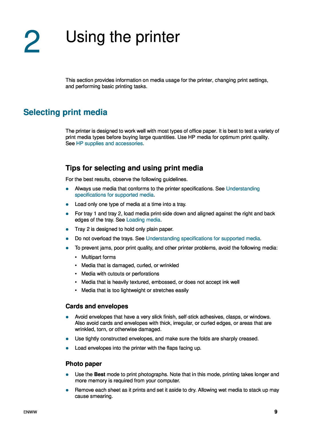 HP 1200 manual Using the printer, Selecting print media, Tips for selecting and using print media, Cards and envelopes 