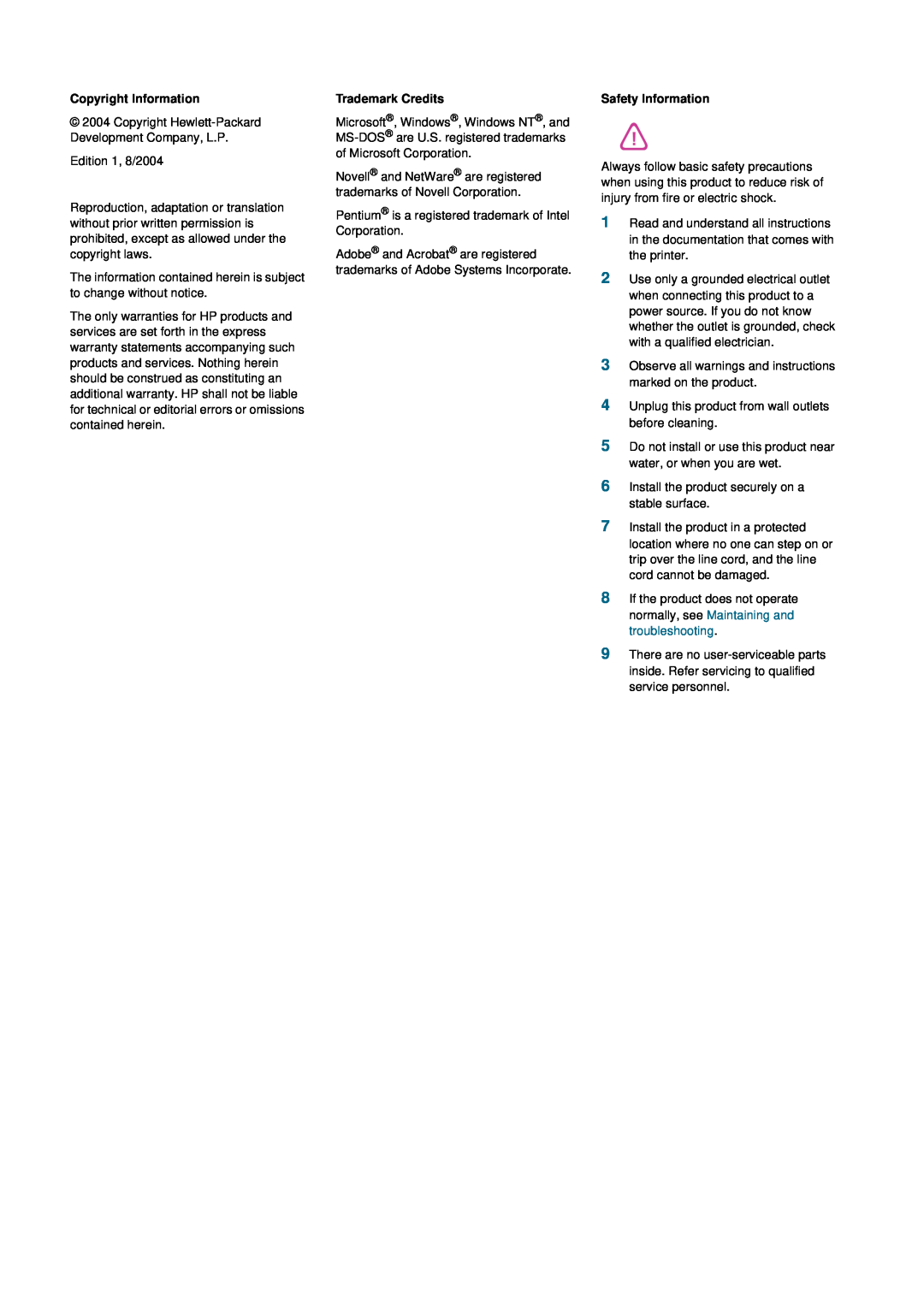 HP 1200 manual Copyright Information, Trademark Credits, Safety Information 
