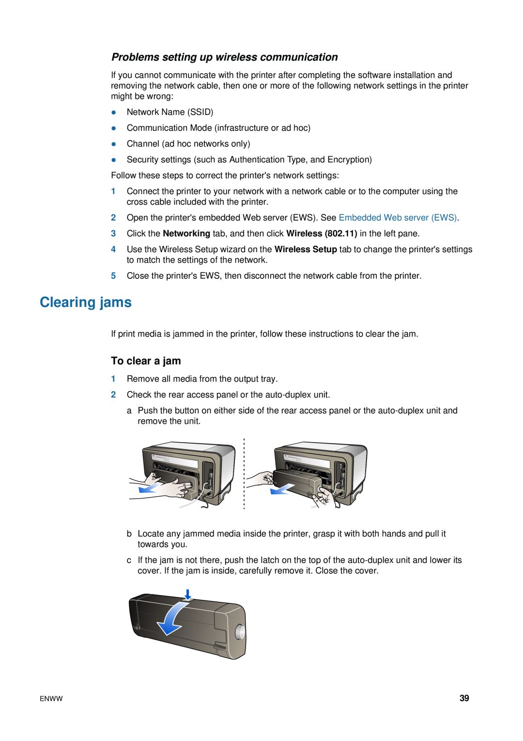 HP 1200 manual Clearing jams, Problems setting up wireless communication, To clear a jam 