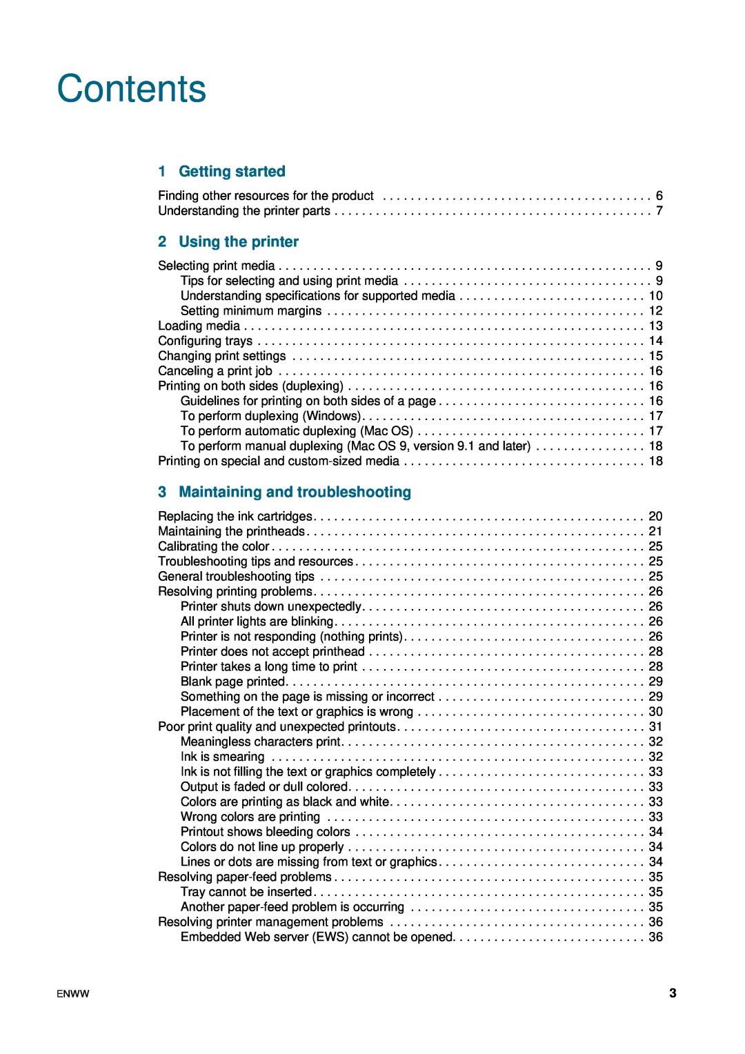 HP 1200 manual Contents, Getting started, Using the printer, Maintaining and troubleshooting 
