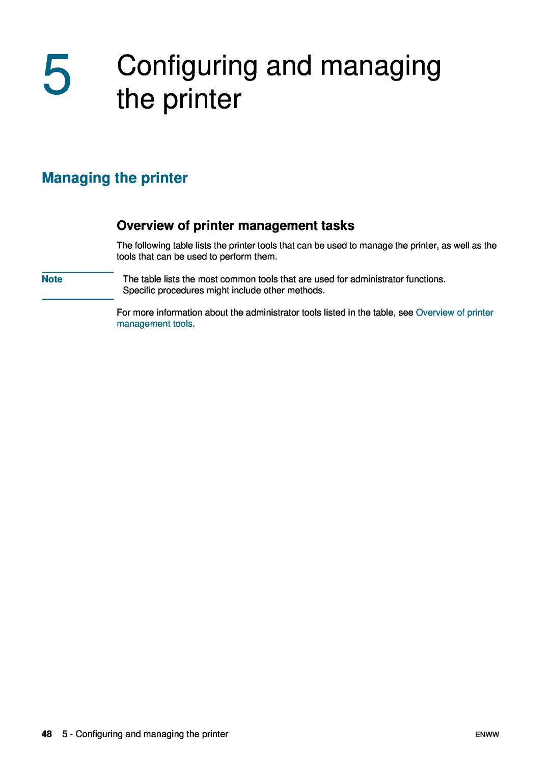 HP 1200 manual Configuring and managing, Managing the printer, Overview of printer management tasks 