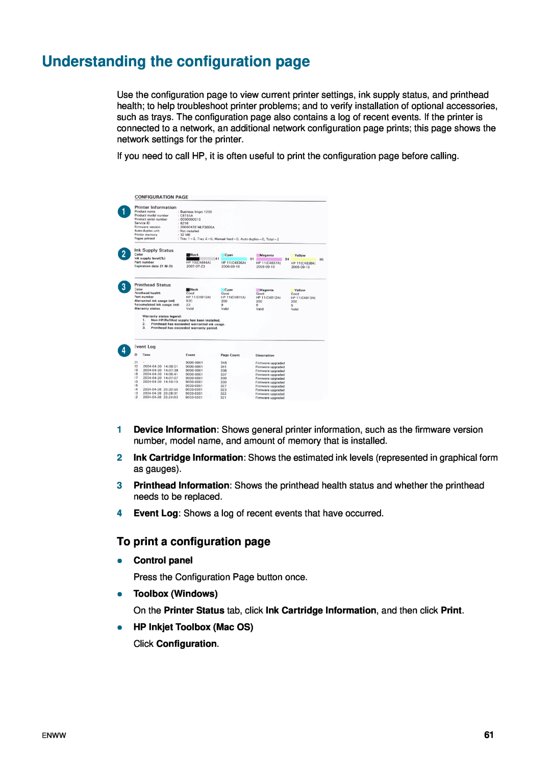 HP 1200 manual Understanding the configuration page, To print a configuration page, z Control panel, z Toolbox Windows 