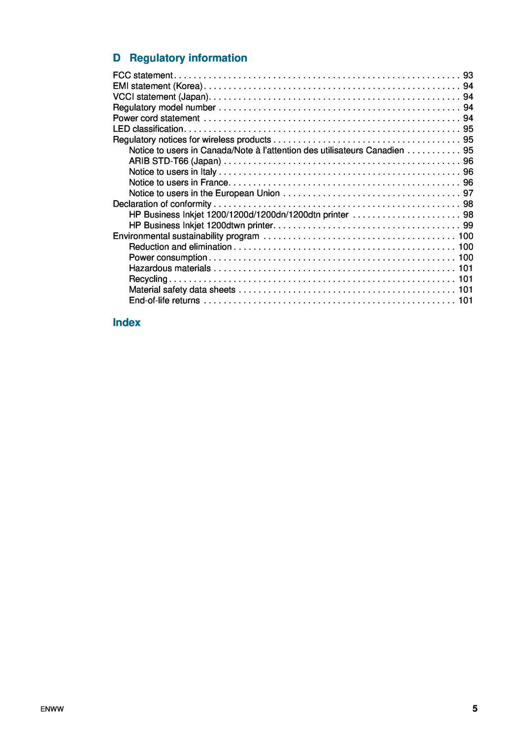 HP 1200 manual D Regulatory information, Index 