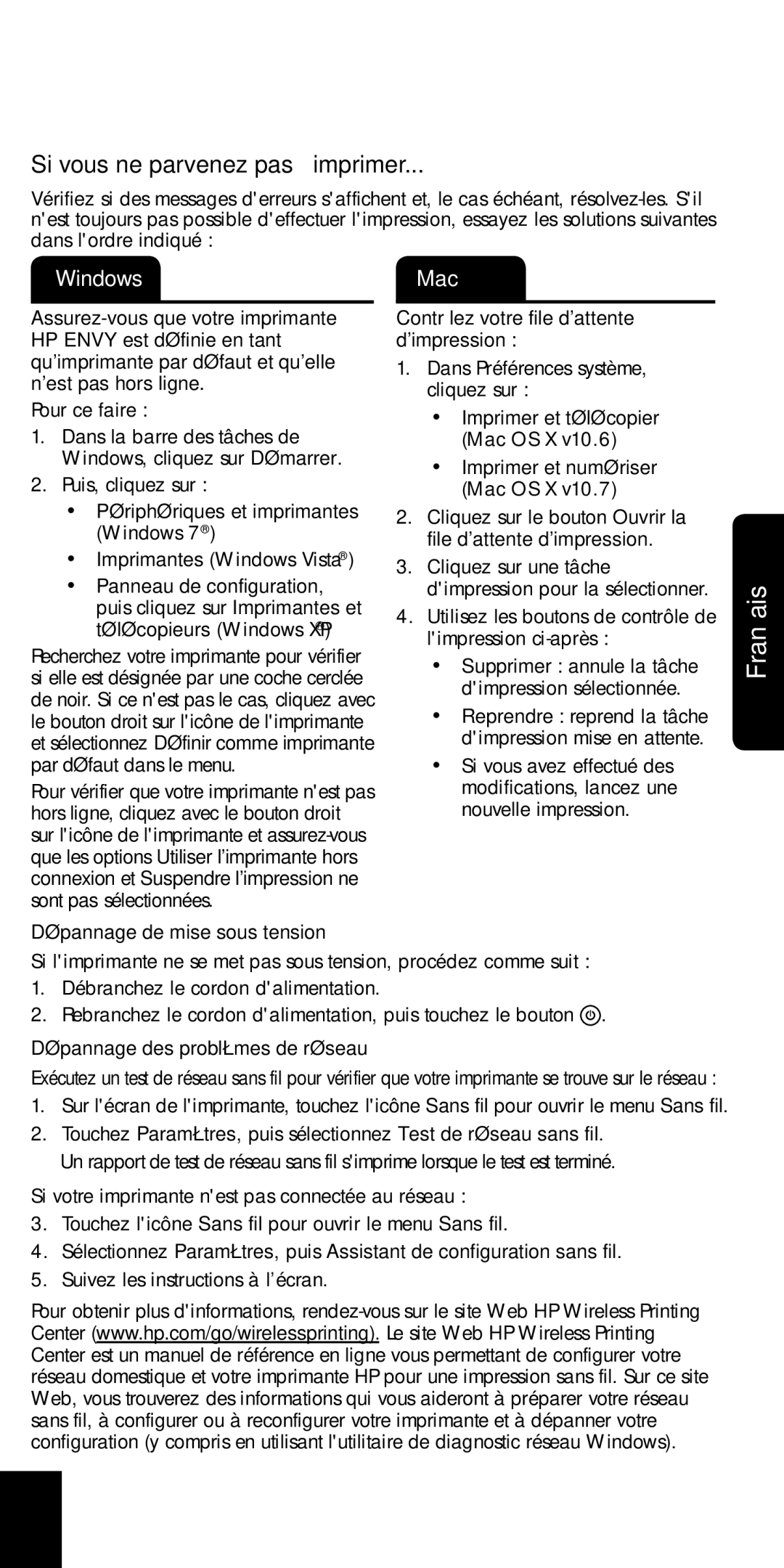 HP 120, 121 manual Dépannage, Si vous ne parvenez pas à imprimer 