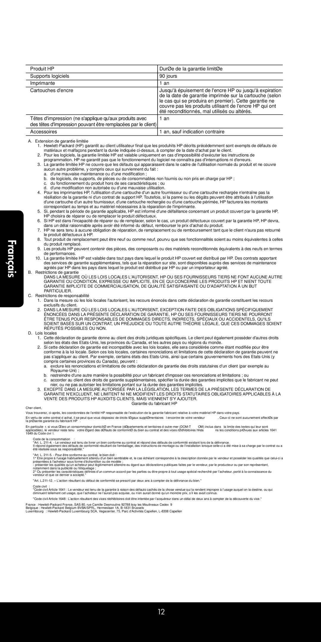 HP 121, 120 manual Déclaration de garantie limitée de limprimante HP, Produit HP Durée de la garantie limitée 