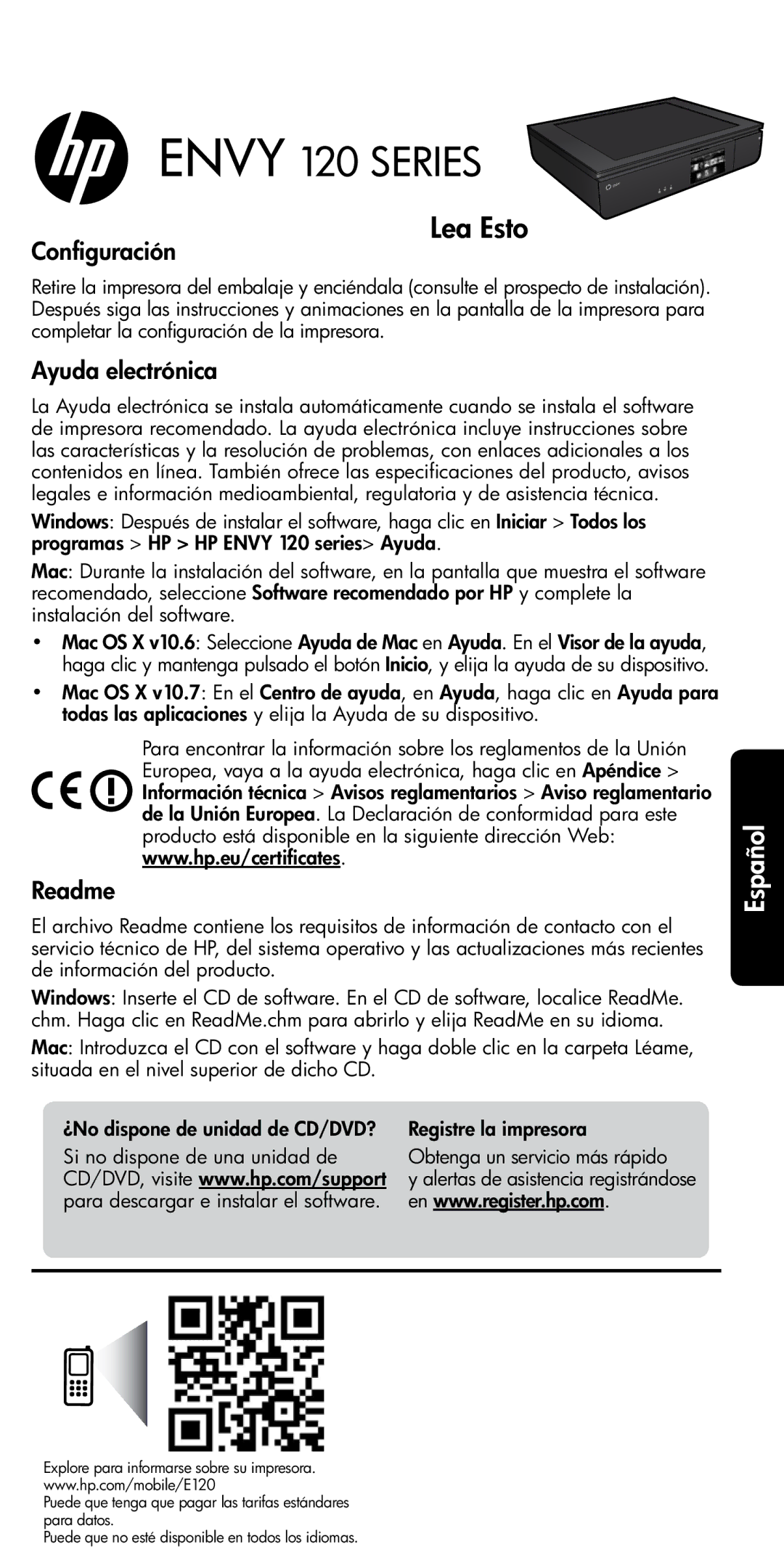 HP 120, 121 manual Configuración, Ayuda electrónica 